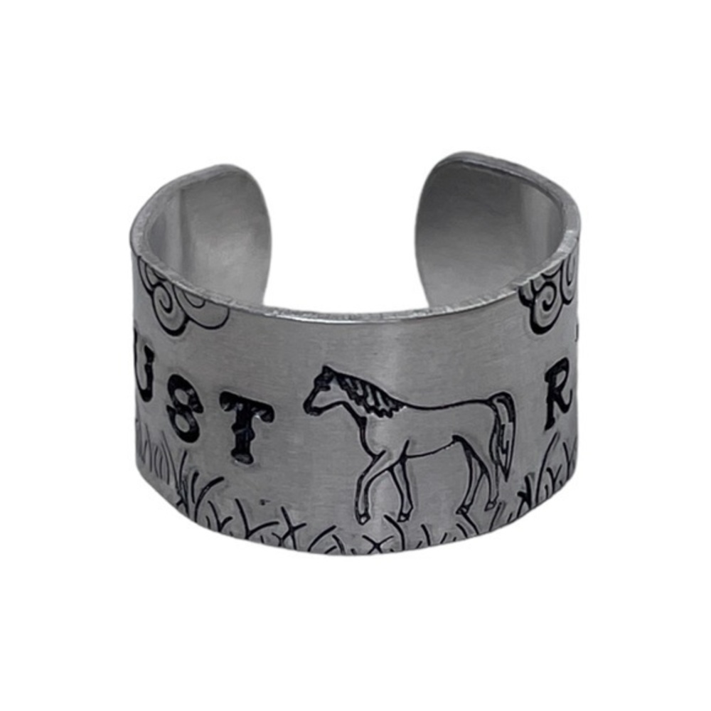 Handmad 9/10 stamped Just Ride Horse scene silver adjustable wide‎ cuff ring - Picture 7 of 7